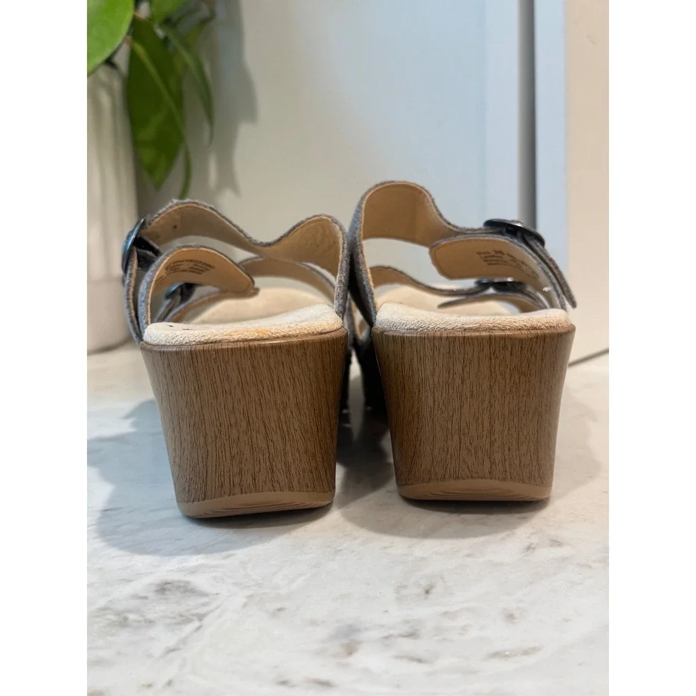Dansko Slide Sandal Womens 38 Silver Snakeskin Leather Buckle Wedge Comfort